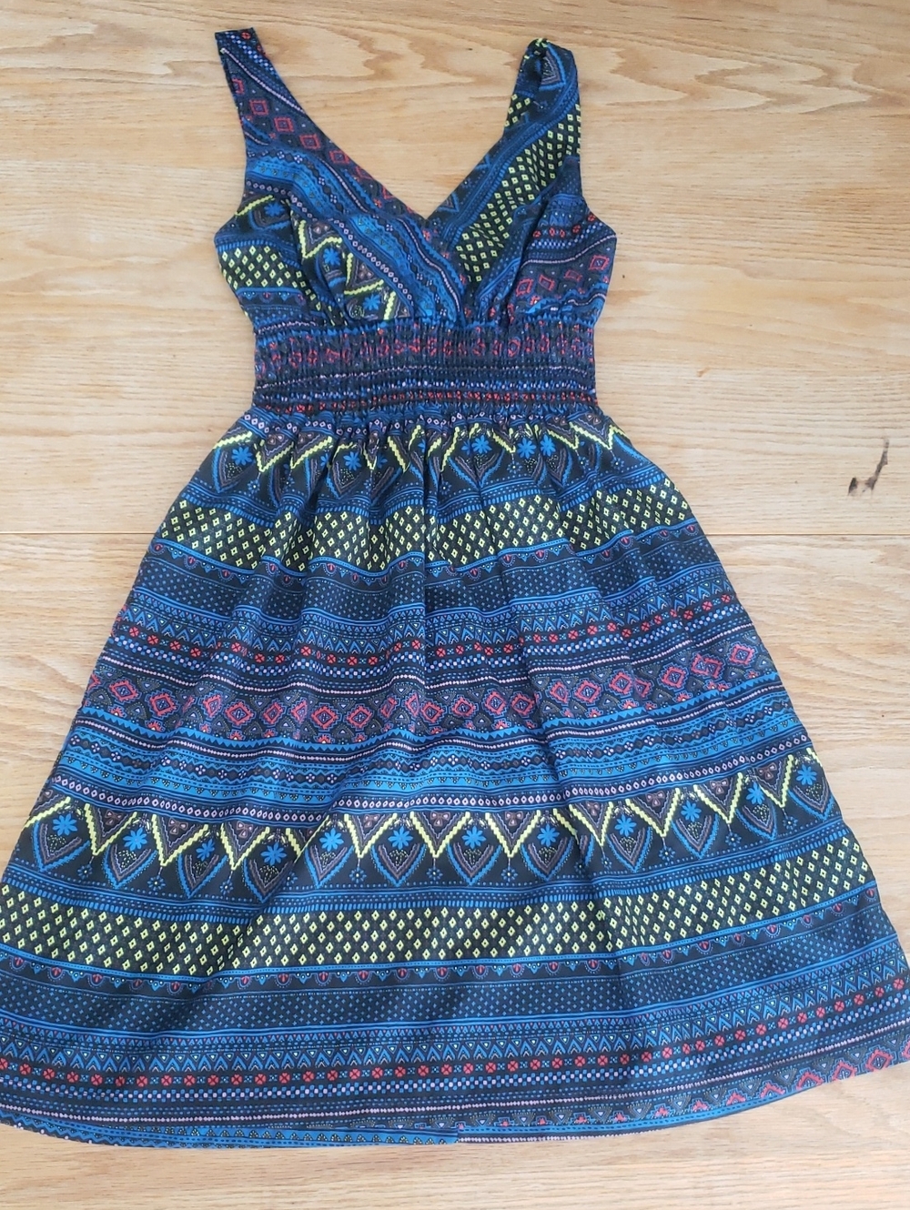 Poema Navy Blue Multi-Patterned Smocked Mini Dress